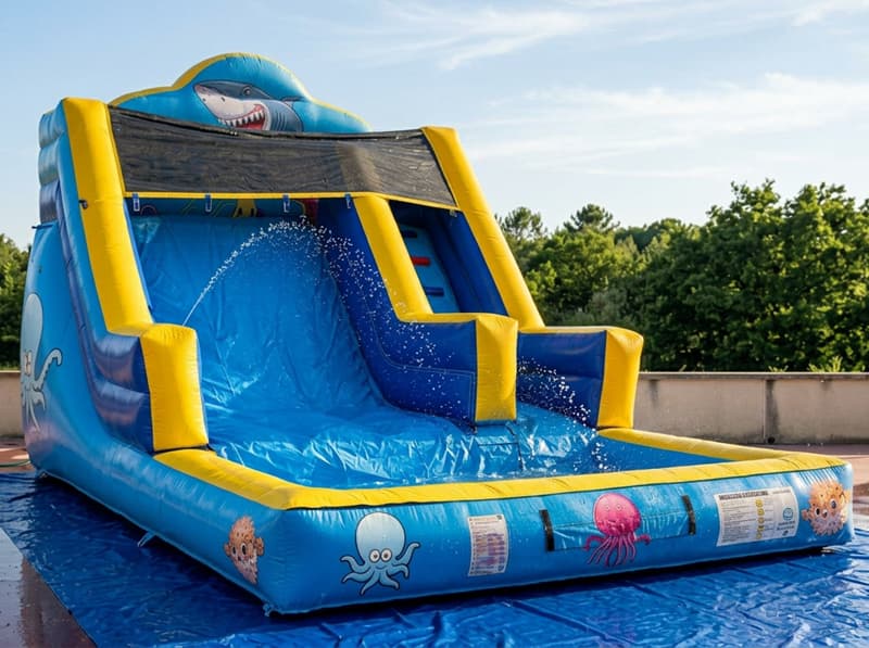 Niños deslizándose por el tobogán hinchable de agua en una celebración de verano al aire libre en Ourense