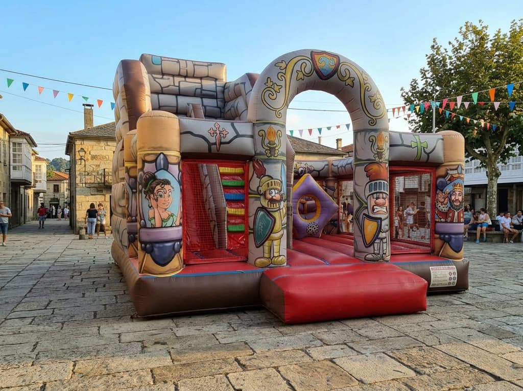 Castillo hinchable con niños y monitores en la plaza de un pueblo durante una fiesta patronal en la provincia de Ourense